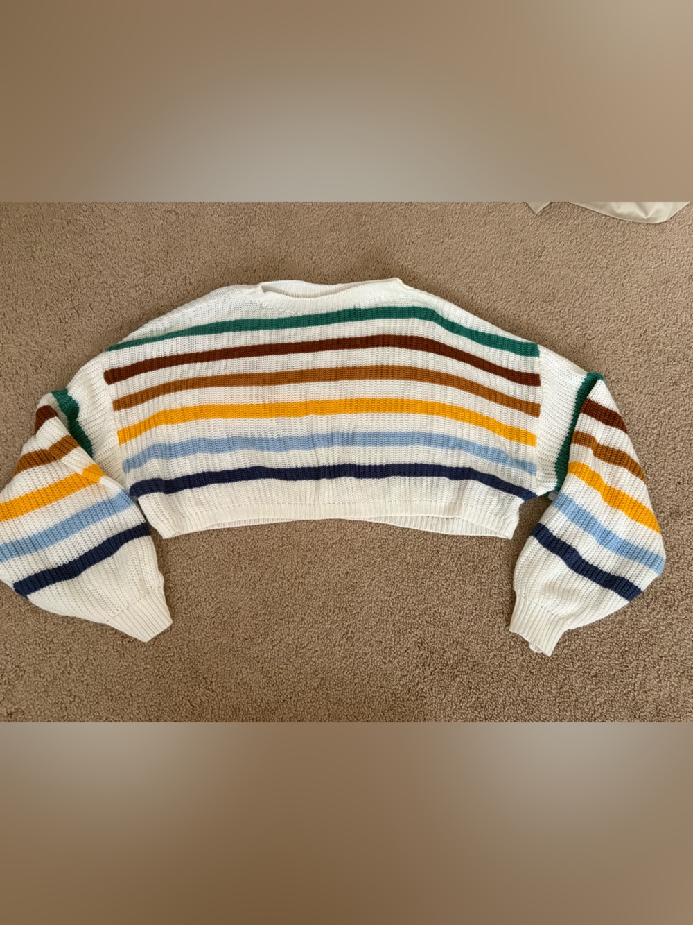 SHEIN White Crew Neck Sweater with Blue, Yellow, Brown & Green Stripes